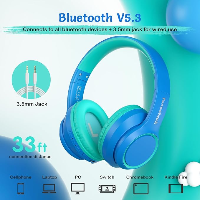 Kids Bluetooth Headphones with Active Noise Cancelling, Wireless Over-Ear Headphones for Boys Girls, Foldable, Adjustable, Safe Volume, 40H Playtime, Mic for School Travel(Blue)
