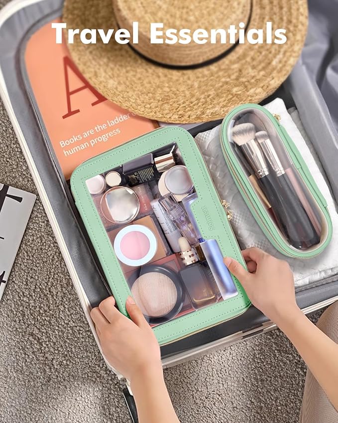 Travel Clear Makeup Bag with Makeup Brush Bag, Leather Makeup Case Toiletry Bag, Portable Cosmetic Bag Case, Transparent Waterproof Cosmetic Organizer Storage Bag for Women, Mint Green