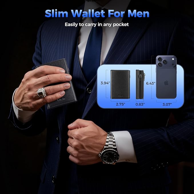 Mrain Mens Slim Minimalist Wallet Card Holder with Coin Pocket, Cash Slot, Magnetic Closure, Pop Up Aluminum Case, ID Window, Leather Wallet, RFID Blocking, 9-13 Card Capacity (Black)