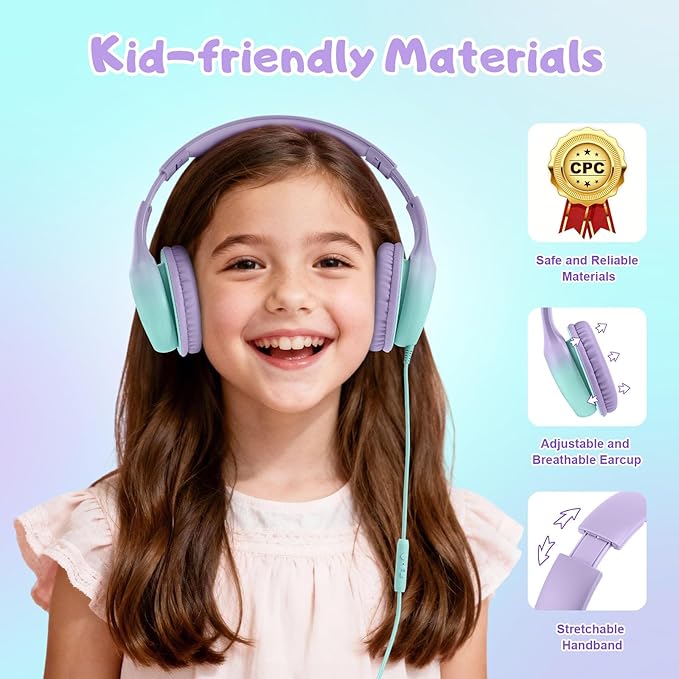 USB Type C Kids Headphones, Wired Headphones for Kids with Microphone 85/94dB Volume Limit, Stereo Sound Portable Over Ear Headphones for School/Travel/Tablet/iPad, Green Violet