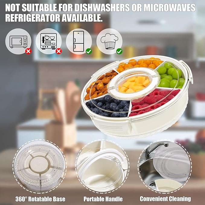 TAROSE Divided Serving Tray with Lid and Handle, 360° Rotating 6.6L Large Capacity Snackle Box Container with Dividers, Portable Snack Boxs for Fruit Veggie Salad, Beach Essentials Ideal for Picnic
