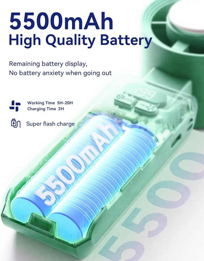 2 Pack Handheld Portable Turbo Fan with Ice Cooler, Speed (1-199) 5500mAh*2 Rechargeable Personal Fan,[20H Cooling Time] Mini Yet Powerful, Small Pocket Fans for Travel/Outdoor/Office, Light Green