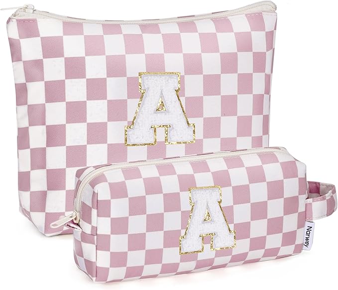 Narwey 2 Piece Personalized Initial Makeup Bag Checkered Cosmetic Bags, 6 8 10 11 12 13 14 16 18 Years Old Teen Girl Gifts Trendy Stuff Birthday Gifts for Women, Travel Toiletry Bag (Pink Letter A)