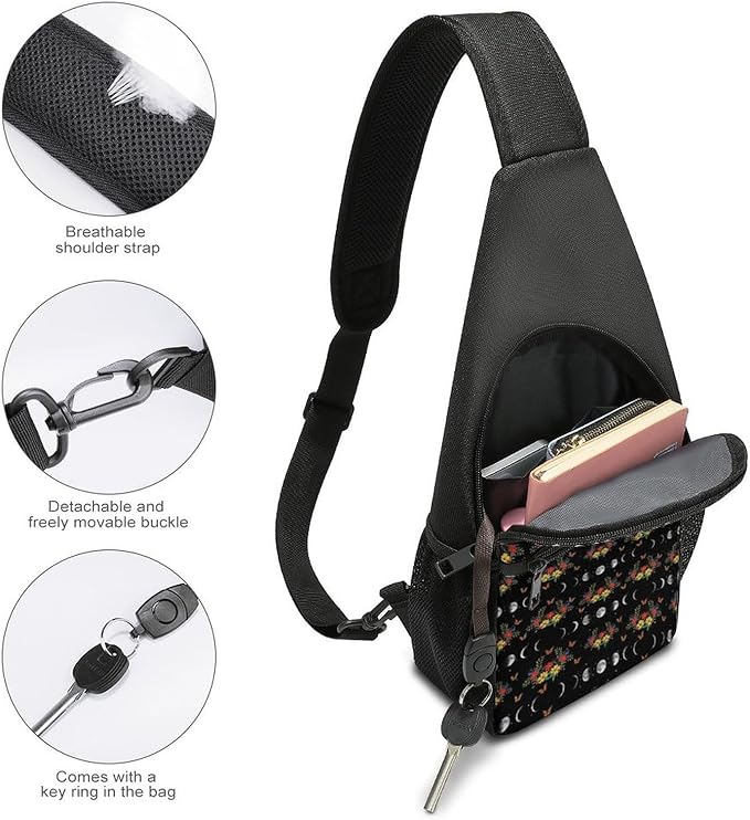 SWEET TANG Polyester Shoulder Sling Bag Multipurpose Casual Sport Daypack Unbalance Backpack with Small Pocket and Smooth Zipper, Moon Phase Floral
