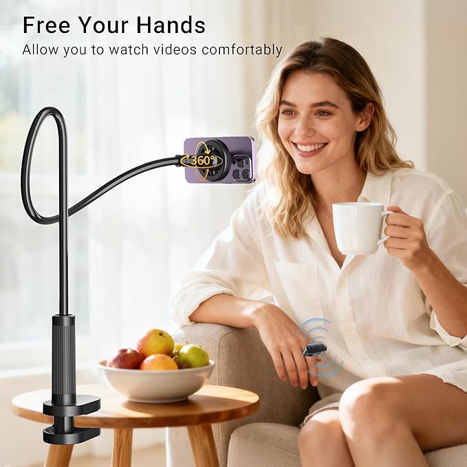 Magnetic Phone Holder for Bed Laying Down with Scrolling Ring Remote Page Turner, Bedside Gooseneck Phone Stand for iPhone Reading, Flexible Mount with Clicker for iPhone/Tiktok/Short Video