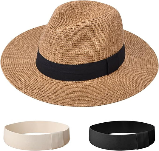 DRESHOW Women Straw Panama Hat Travel Fedora Beach Sun Hat Summer Wide Brim Straw Roll up Hat UPF 50+