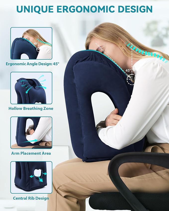 JefDiee Inflatable Travel Pillow, Airplane Neck Pillow Comfortably Supports Head and Chin for Airplanes, Trains, Cars and Office Napping with 3D Eye Mask, Earplugs and Portable Drawstring Bag (Blue)