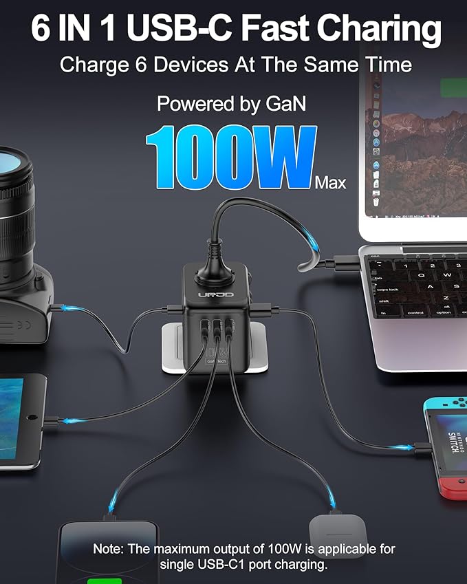 Universal Travel Adapter 100W GaN Fast Charger in One, 4 USB C 1 USB A Ports & 2500W AC Outlet, International Power Plug Adapter with EU UK US AUS Plugs for 200+ Countries