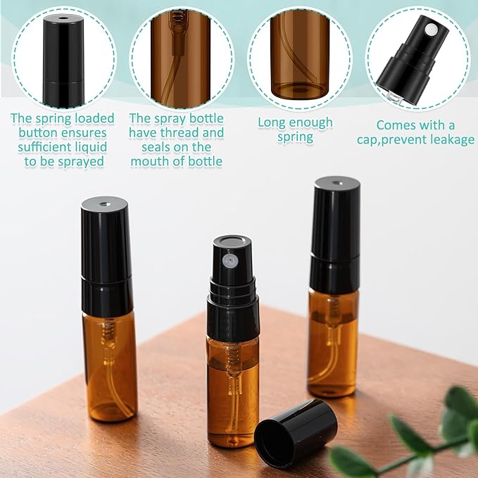 Zhehao 50 Pcs Mini Spray Bottles 3ml Clear Glass Perfume Bottles Refillable Fine Mist Perfume Atomizer Portable Empty Sample Containers for Cleaning, Essential Oils, Travel (Amber)