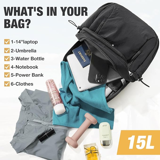 G4Free 15L Hiking Backpack Lightweight Water Resistant Daypack with Adjustable Chest Strap for Women Men, School College Backpack for Students, Travel Cycling Camping Daypack(Black)
