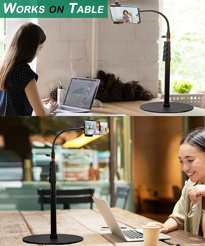 Tall Video Cell Phone Mount with Height Adjustable Stand, Heavy Base, 360 Head - Compatible with iPhone 16, 16 Pro Max, 16 Plus, 15, 14, 13