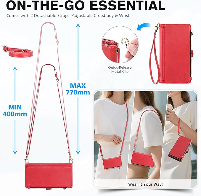 TUCCH Detachable Crossbody Wallet Case for iPhone 17 6.3", 9 Card Slots RFID Blocking | Stand | Lanyard | Wrist Strap | Wireless Charging | Zipper Pocket | PU Leather | Magnetic Flip Cover | Red