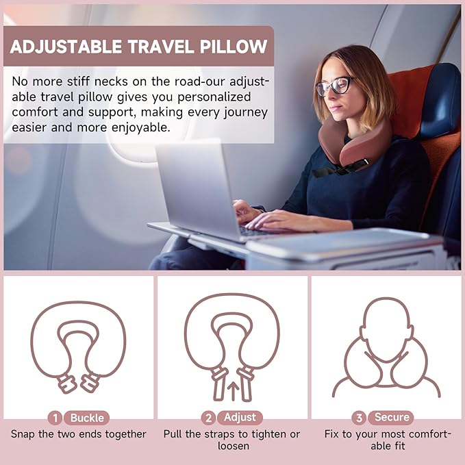 SPRFUFLY Travel Pillow/Neck Brace - 100% Memory Foam Neck Pillow for Sleeping, Airplane Pillow with Sleep Mask & Earplugs, Travel Essentials Neck Brace Pillow for Airplane, Car, Office & Home(Pink)