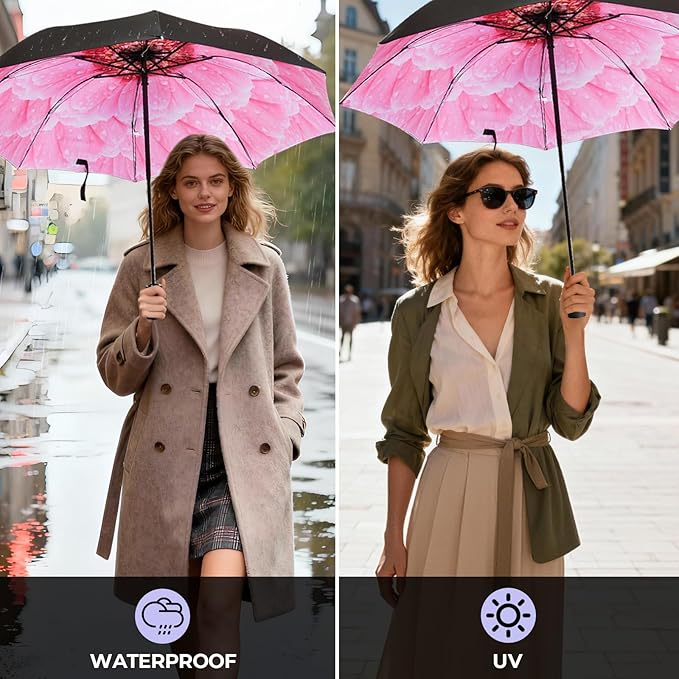 LLanxiry Compact Travel Umbrella, 44" Canopy, Automatic Open/Close Windproof Umbrella, 210T Pongee, 8-Rib Fiberglass, Travel Size Mini, Portable Rain/Sun Umbrellas UPF 50+ with Cover