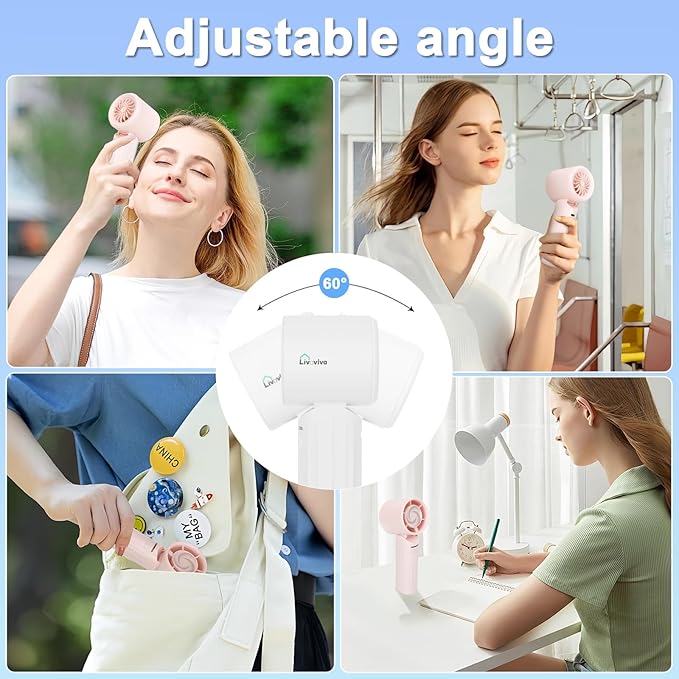 LIVAVIVA Handheld fan, adjustable blowing angle, mini portable turbo fan, USB Type-C rechargeable, infinitely variable speed high-speed personal fan, 11 Hours Battery Life (White)