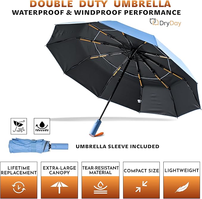 DryDay Travel Umbrellas for Rain - Large Windproof Double Canopy Umbrella, 10 Durable Ribs, Strong Frame, Auto Open Close Ergonomic Handle, Compact Waterproof Umbrella for Women & Men