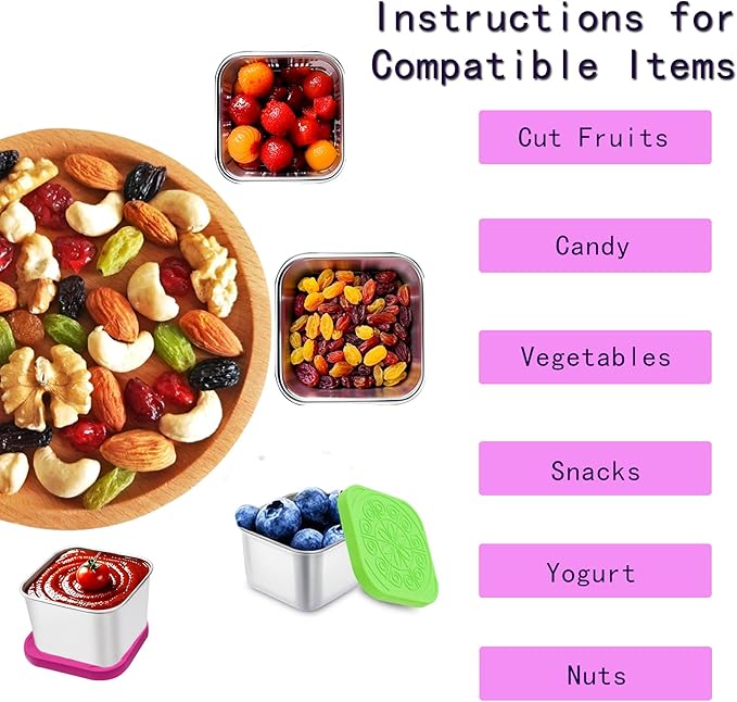 304 Premium Stainless Steel Snack Containers with Silicone Lids, Snackle Box Containers, Easy-Open Leak-Proof Kids for Taking Out for a Picnic, Lunch Box and Travel. (Purple Pink Green-3, 2 OZ)