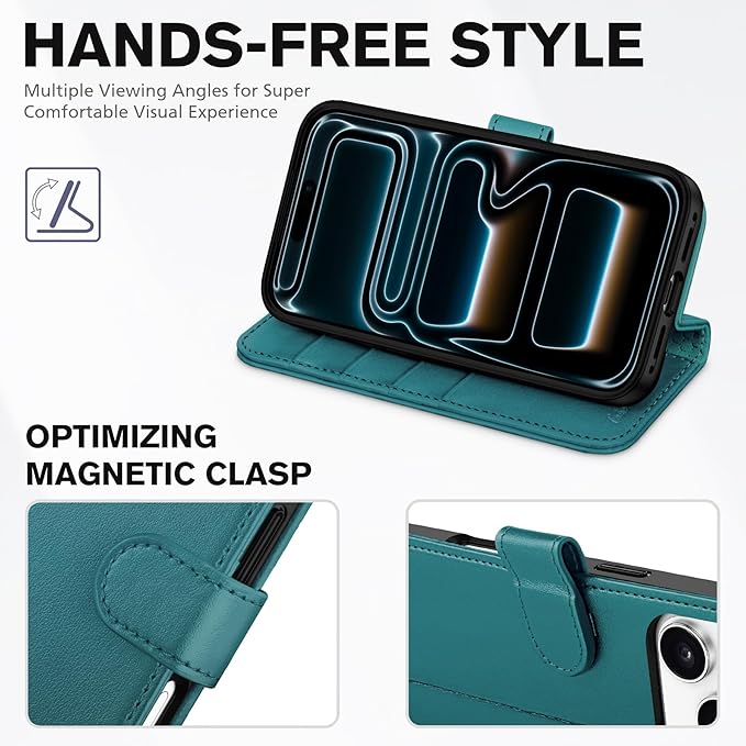 TUCCH Wallet Case for iPhone 17 Pro (6.3") 2025, 4 Card Holders | RFID Blocking | Stand | Shockproof TPU Shell | PU Leather | Magnetic Closure | Protective Flip Folio Cover | Bluish Green