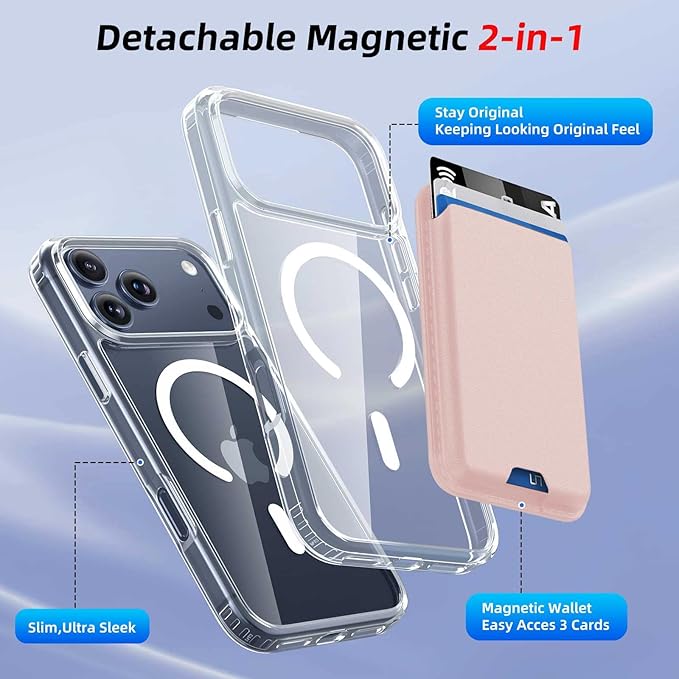 Ntwinro Magnetic for iPhone 17 Pro Clear Case (Compatible with MagSafe) with Pink Detachable Wallet & Card Holder for 3 Cards [RFID Blocking] Military Grade Protective Slim Phone Cover