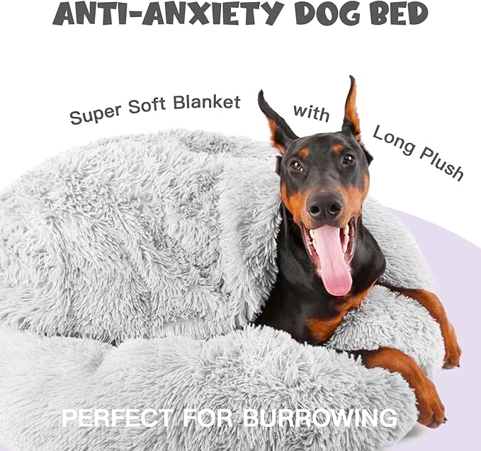 Himax Donut Dog Beds for Large Dogs with Blanket, Cozy Soft Fluffy Round Dogs Beds, Calming Dog Bed Washable (20"/26"/35") Light Grey