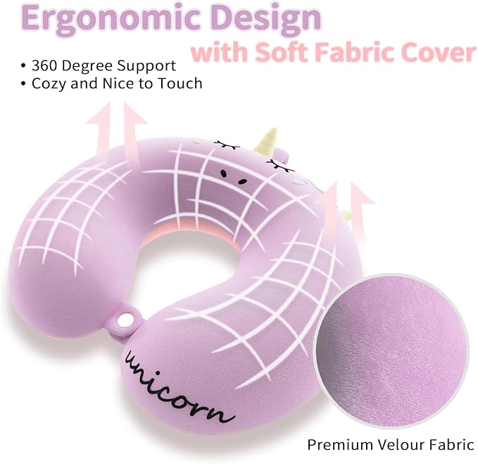 Neck Travel Pillow for Kids, Unicorn Airplane Memory Foam Pillow with Cute Sleep Mask & Earplugs, Lightweight Travelling Sleeping Pillow Set for Car, Train, Bus and Home Use (Purple)