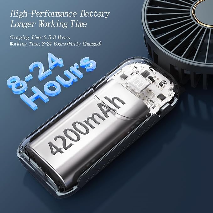 Portable Fan, 4200mAh Battery Operated Fan, 5 Speeds&Digital Display, Makeup Fans for Women with Base, 180°Foldable 3in1 Handheld/Neck/Desk Fan for Outdoor Indoor,Ultra Quiet (Black)