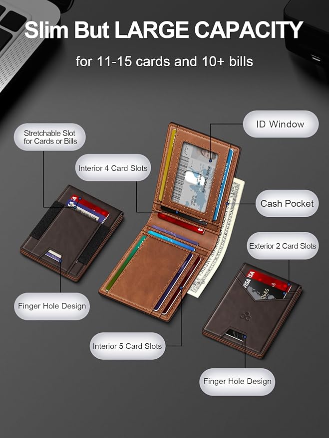 Wallet for Men Slim Leather Wallets for 13-17 Cards, RFID Blocking Thin Card Holder Wallet with ID Window & Large Capacity Cash Slot, Minimalist Bifold Small Wallet for Front Pocket, Gift for Men