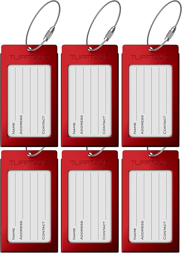 Luggage Tags Business Card Holder - 6 Pack Metal Tags, Red, Rectangular, Aluminum Alloy, 2.35" x 4.15" x 0.15", Perfect for Suitcases, Backpacks, and Carry-Ons