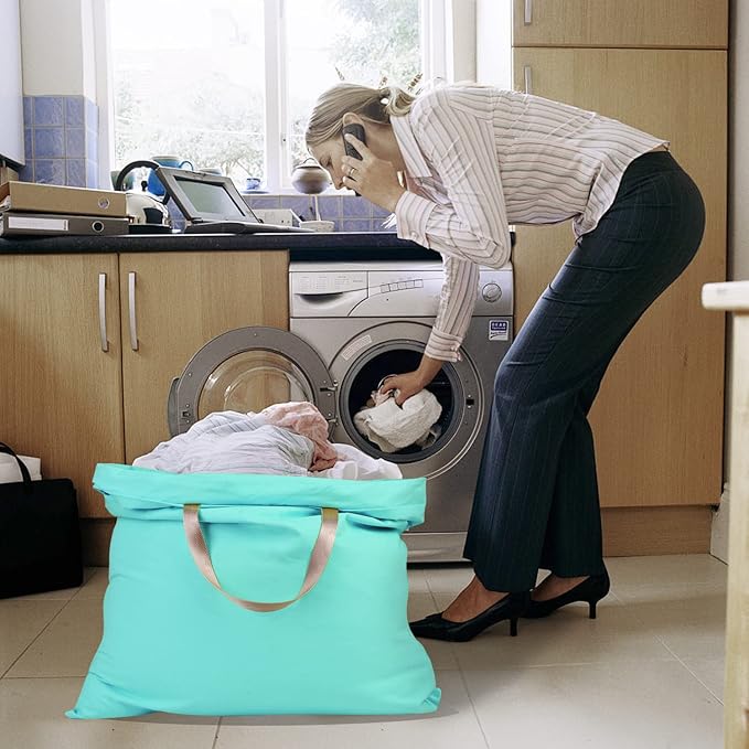 Cotton Canvas Laundry Bag with Handles & Drawstring Straps, Heavy Duty Extra Large Laundry Bags for Laundromat and Household, 25.5x34 Inch, Lake Blue