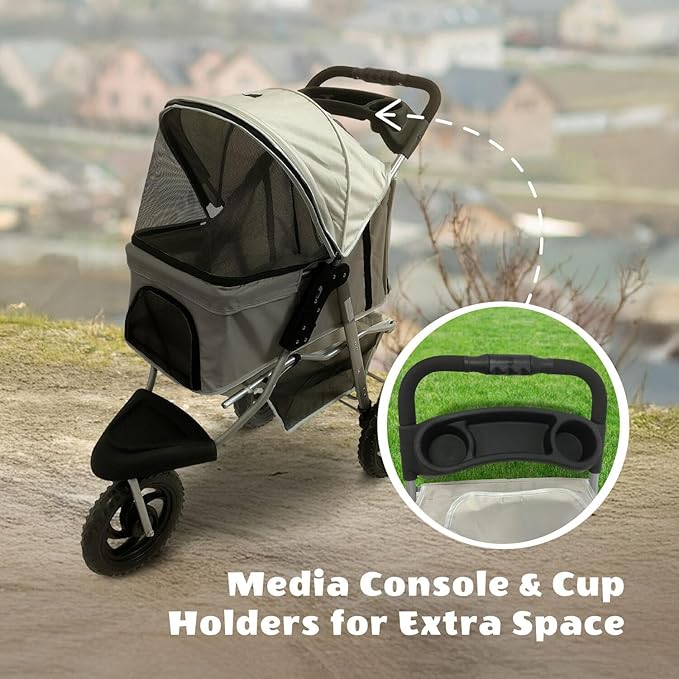 Critter Sitters 4-Wheel Dog Stroller for Medium or Large Sized Dogs & Cats with Scratch Resistant Breathable Mesh Windows and Safety Leash, Storage Basket, Cup Holders, Lockable Wheels, Light Grey