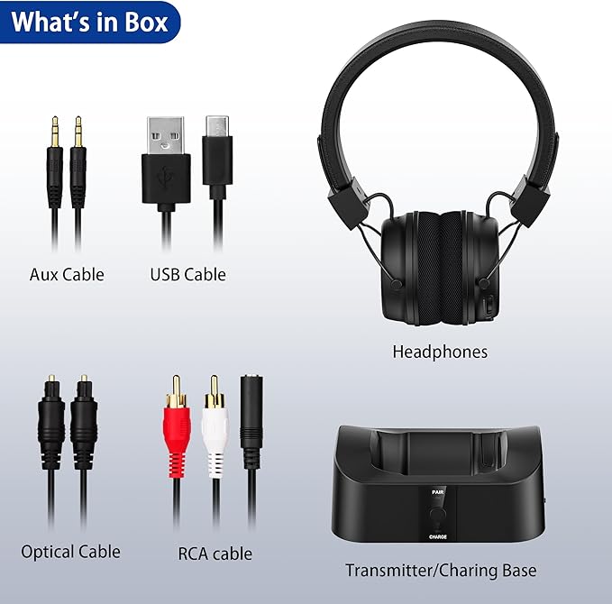 BESIGN BTH02 Wireless Headphones for TV Watching with Bluetooth Transmitter Charging Dock, Bluetooth TV Headphones Wireless for Seniors, Bluetooth Headsets, 100ft Range No Audio Delay