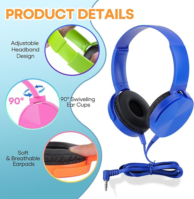 Kids Headphones Bulk 6 Pack for School Classroom Students, Wired Computer Headset Durable Class Set Earphones for Children Toddler Teens Boys Girls and Adult (HY450, 6 Mixed)