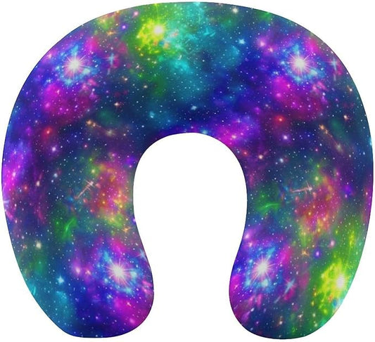 Cute Decorative Travel Neck Pillow Memory Foam Chin Cushion Colorful Galaxy Nebula, Washable Cover for Women Airplane Car Home Sleeping Rest