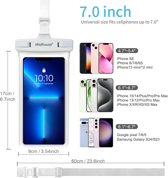 wellhouse Waterproof Phone Pouch, Waterproof Phone Case for iPhone 16 15 14 13 12 Pro Max XS Samsung, IPX8 3D Cellphone Dry Bag Beach Essentials (1 Pack - White7.0, 7 inch)