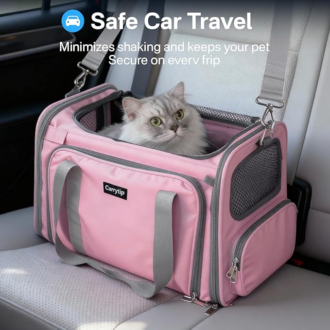 Cat Carrier Soft for Travel & Vet Visits, Expandable Soft Pet Carrier for Cats Up to 15 lbs, Breathable & Cozy Cat Bag Carrier, Airline Approved Portable Pet Travel Carrier, Pink