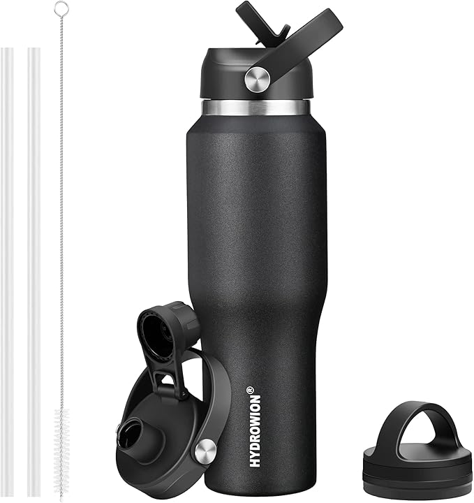 HYDROWION 32oz Stainless Steel Water Bottle(Cold for 48 Hrs, Hot for 24 Hrs),Double Wall Vacuum Insulated Water Bottle with Straw Lid, Spout Lid and Flex Cap, Fit in Any Car Cup Holder,Black
