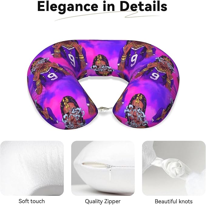 Travel Neck Pillows for Sleeping Rest Car Airplanes African American Black Girl Gold Ring Art Purple, Memory Foam with Removable Breathable Zipper Cover Washable for Men Women