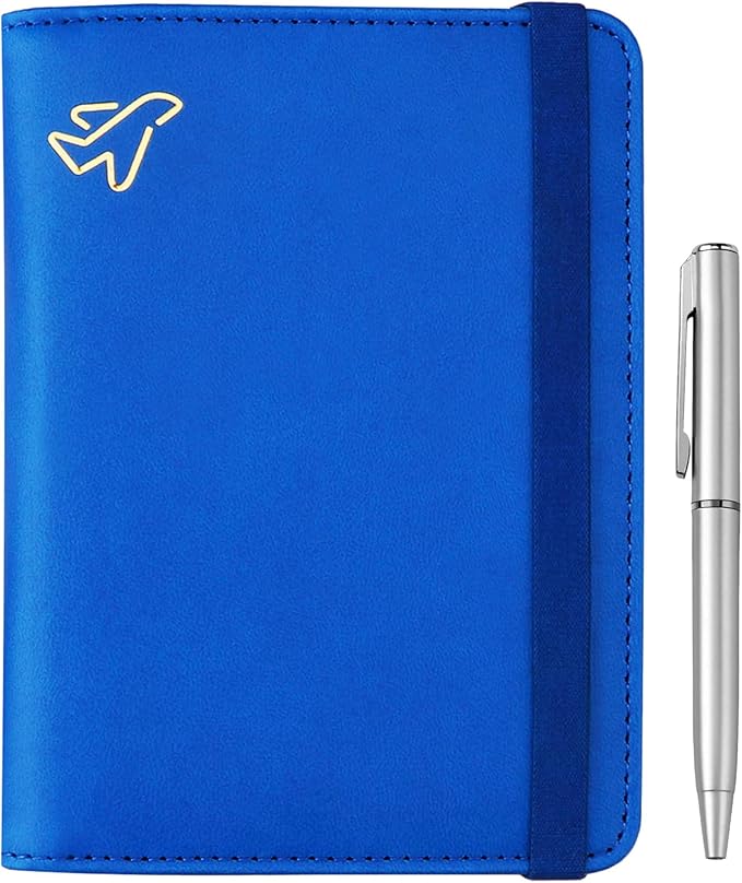 WALNEW Passport Holder for Travel, RFID Passport Cover Wallet for Women Men, PU Leather Passport Book Card Holder Case with Pen, Travelling Essentials for Flying