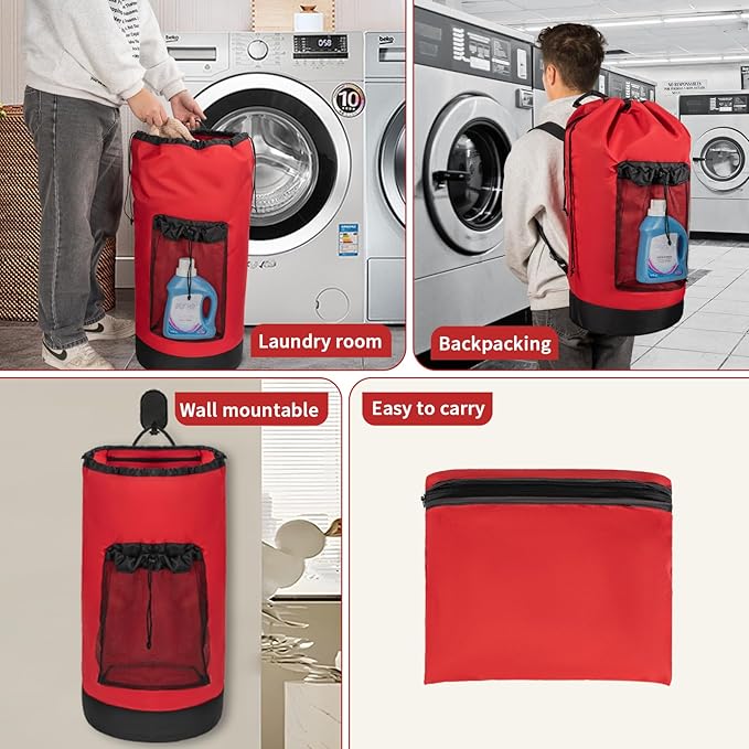 Laundry Bag Backpack with Shoulder Straps and Mesh Pocket Foldable Clothes Hamper Bag with Drawstring Closure for College, Apartment, Laundromat (Red)