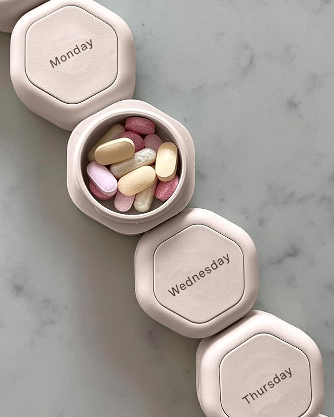 Cadence Travel Containers - Pill Case Set - Magnetic Travel Capsules,Daily Medicine Organizer for Pills, Supplements, & Vitamins - 7 Flex Smalls (0.56oz) for Weekly Pill Organizer - Petal