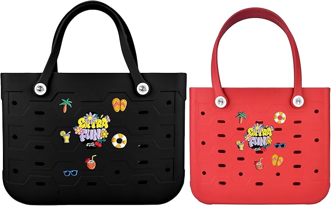 2-Piece Tote Bag Set, Waterproof Rubber Beach Bag with Summer Pattern, Medium & Large Handbag for Pool, Beach, Boat