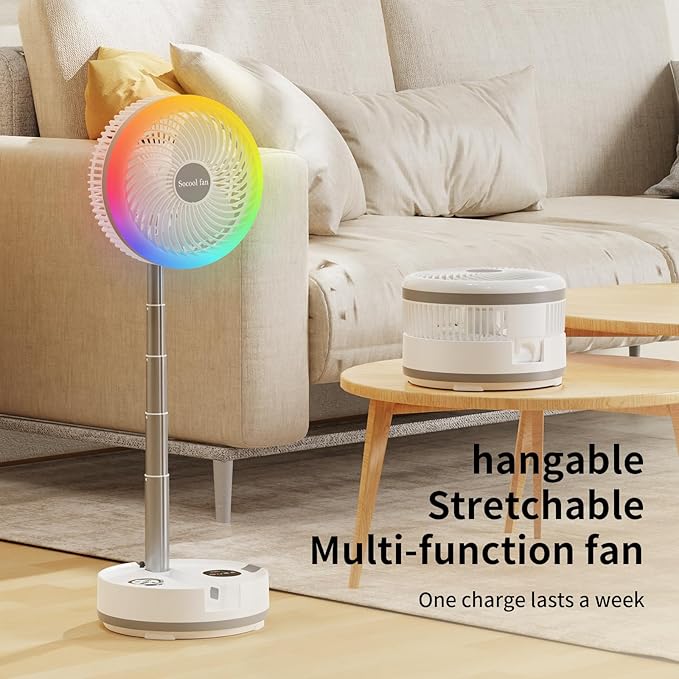 Socool 40000mAh Battery Operated Foldable Fan,Rechargeable Standing Fan, Remote Control & Colorful Light, Oscillating Telescopic, Timer & Digital Display, Foldaway Fans for Camping Travel Outdoor