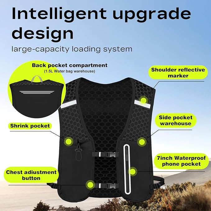 Running Vest for Women Men with 1.5L Water Bag，Lightweight Mesh,Breathable,sweatproof,Adjustable Chest Waist Straps, Large-Capacity Pocket，Reflective Design Hiking Vest for Hiking、 Marathons、Cycling
