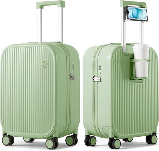 mixi Carry On Luggage with Cup Phone Holder Hard Shell Rolling Travel Suitcase with Spinner Wheels,20 Inch Avocado Green
