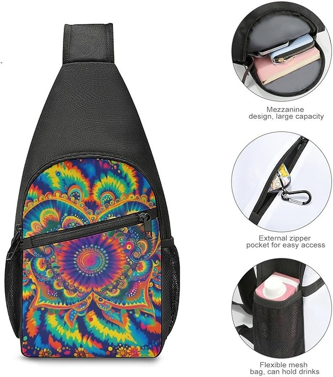 SWEET TANG Casual Sling Backpack Chest Shoulder Crossbody Backpacks, Unbalance Gym Funny Sack, Tie Dye Watercolor Classic Kaleidoscope, Satchel Travel Bag Outdoor Hiking Daypack for Men Women