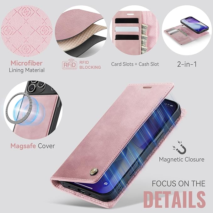 PlusnapX Wallet Case for iPhone 17 Pro Max Compatible with Magsafe, 2-in-1 PU Leather Flip RFID Blocking Card Holder Stand Shockproof Magnetic Detachable Cover for iPhone 17 Pro Max Case 6.9", Pink