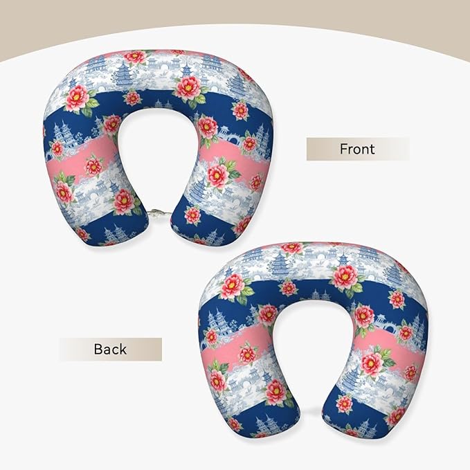 Neck Pillow Memory Foam Chin Cushion with Breathable Cover Pink Watercolor Peony Blue Chinoiserie, Cute Airplane Car Pillows for Office Head Pain Relief