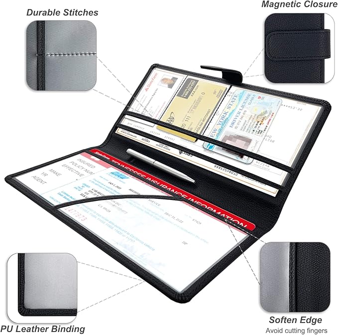 RSAquar Car Registration and Insurance Holder, Leather Car Glove Box Organizer, Cool Car Accessories for ID, Driver's License Cards & Essential Document, Men&Women, Black#2