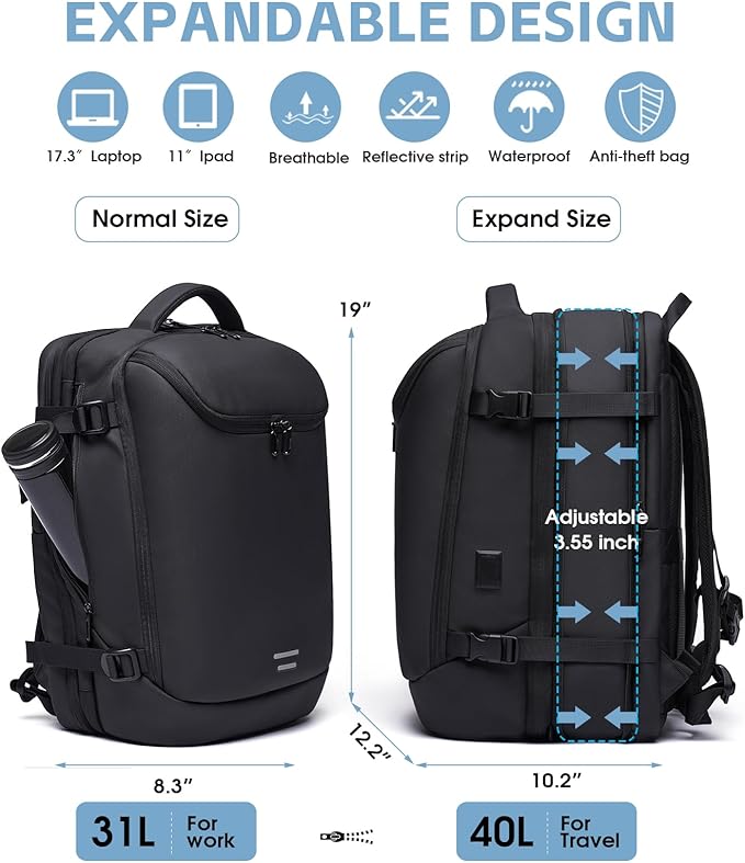 Vacuum Backpack Travel with Pump, 40L Expandable Carry on Compression Backpack Flight Approved for Women Men Fit 17 Inch Laptop with USB Charging Port Business Weekender