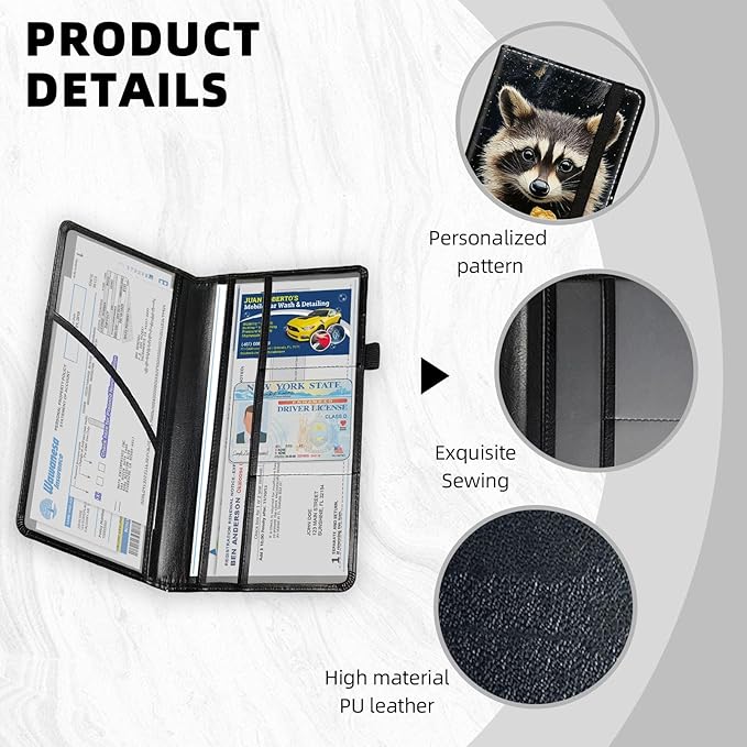 Car Registration and Insurance Holder PU Leather Vehicle Insurance and Registration Holders Wallet Case with Elastic Band Closure for ID Card, Driving Licence, Raccoon Snack Time